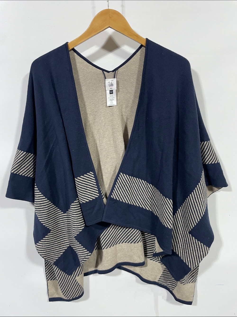 CAbi Navy and Beige Open-Front Patterned Poncho